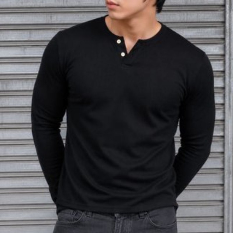 Camiseta Henley Masculina Manga Longa Slim 2 Botões Casual