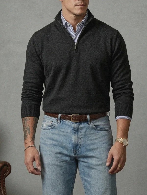 Suéter Masculino Zíper Elegante Gola Alta Inverno Old Money