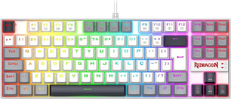 Teclado Mecânico Gamer Redragon Kumara RGB Branco, Preto e Cinza Switch Marrom