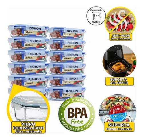 Kit 10 Pote De Vidro Marmita Hermético 370ml Rishon
