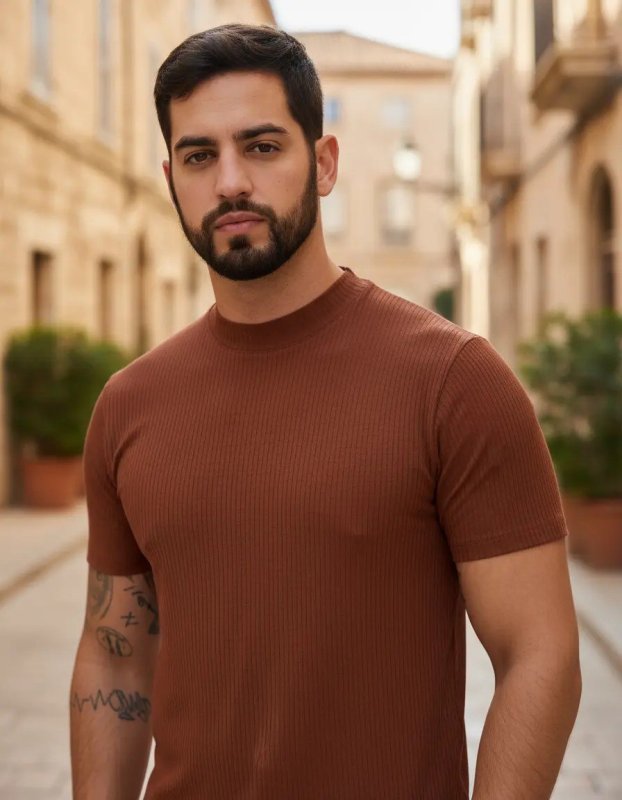 Camisa Casual Masculina Canelada Gola Alta Manga Curta