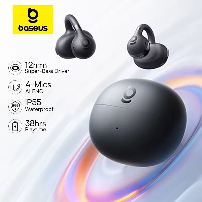 Baseus BC1 Ear Clip Bluetooth 6.0 Open Ear com 4 Microfones, Super Bass e IP55 Esportivo TWS Sem Fio