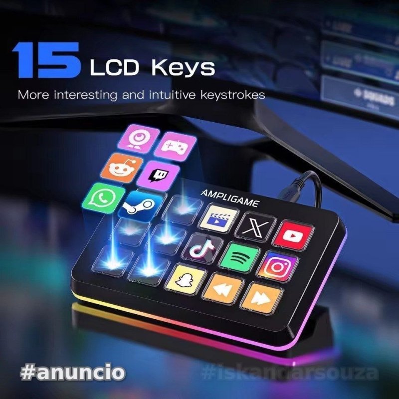 StreamDeck FIFINE Ampligame D6 com 15 teclas macro, ícones personalizados e controle de aplicativo para OBS/Twitch/YouTube