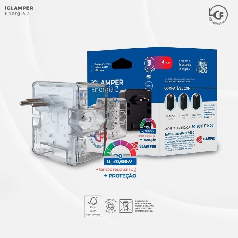 Protetor Contra Surtos Elétricos (DPS) CLAMPER 127/220V, 10 Amperes, 3 Pinos