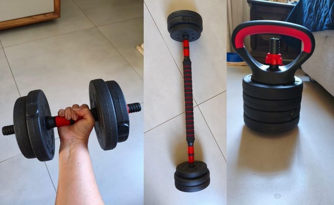 Halteres Ajustáveis Kit 6 em 1 até 10 kg com Barra Longa, Anilhas, Kettlebell e Apoio para Flexão