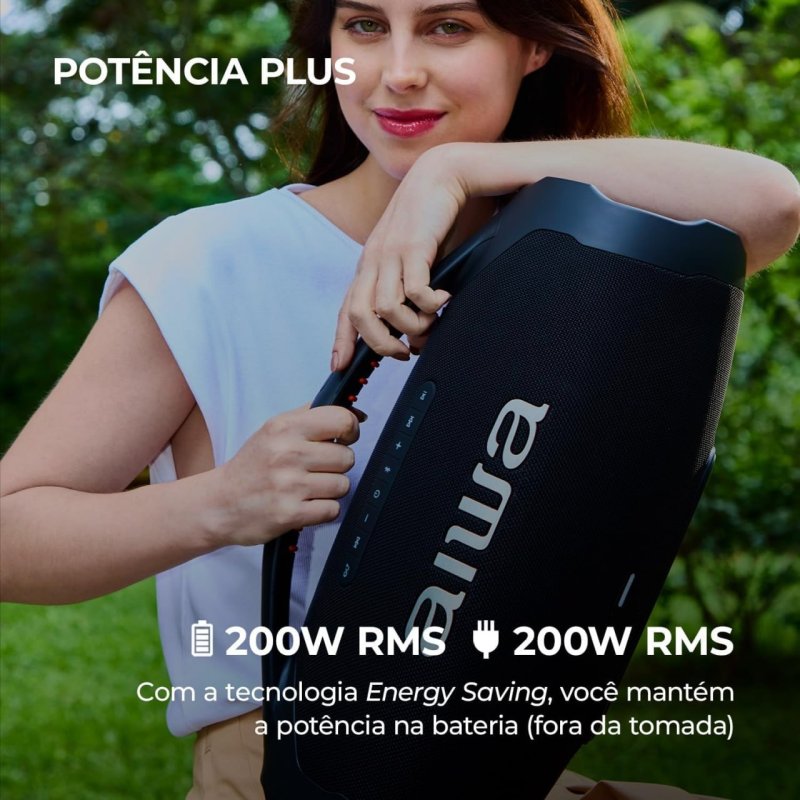 AIWA Boombox Plus BBS-01-B 200W - 30h Bateria - À Prova Água - Preto