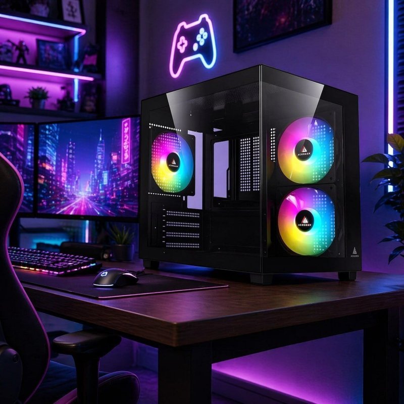 Gabinete Gamer Aquário Acegeek Ori Mini-Tower Lateral de Vidro, Com 3 Fans