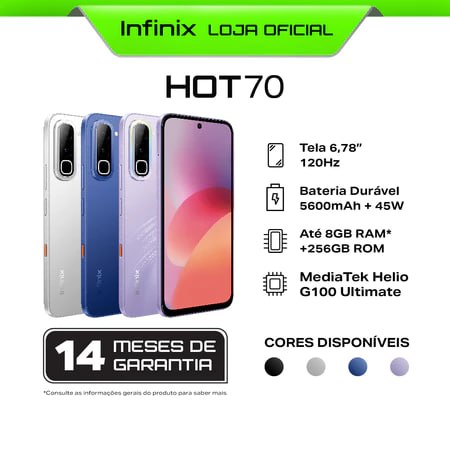 Smartphone Infinix HOT 70 5G 256GB 8GB RAM Tela 6.78” 120Hz Dimensity 7050 Bateria 6000mAh Android 16 NFC