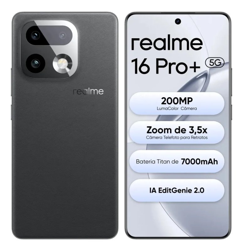 Realme 16 Pro+ - 512GB 12GB RAM - Câmera 200MP - Bateria 7000mAh - Preto
