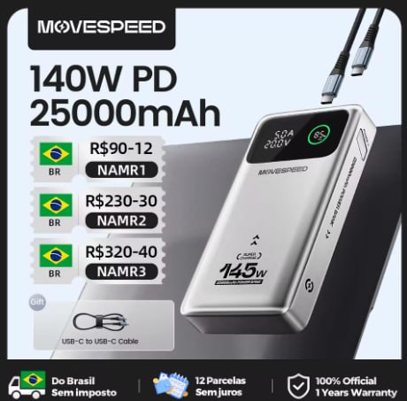Powerbank Movespeed M25 Pro 25.000mAh 140W - Carrega MacBook e Notebook Gamer