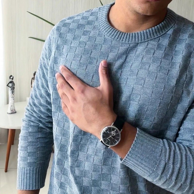 Blusa De Frio Masculina Trico Suéter Lã Gola Careca Xadrez