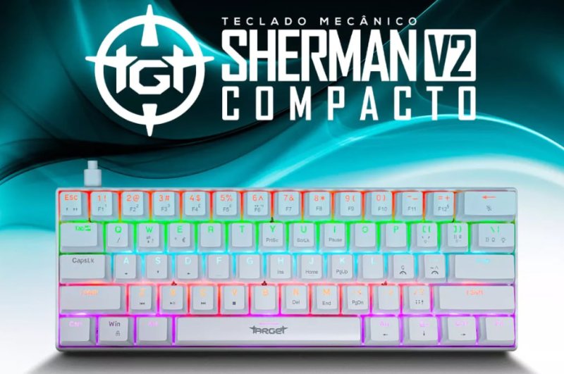 Teclado Mecanico TGT Sherman Compacto V2, Rainbow, ABNT2, Switch Huano Azul, Branco