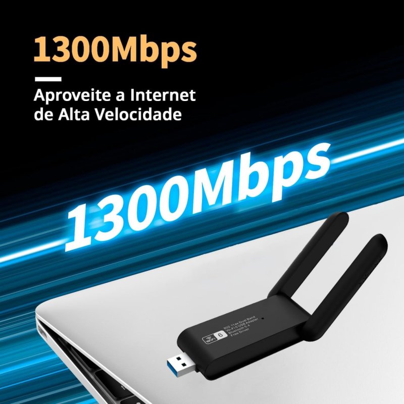 Adaptador WiFi USB Dual Band 5GHz 2.4GHz Até 1300Mbps