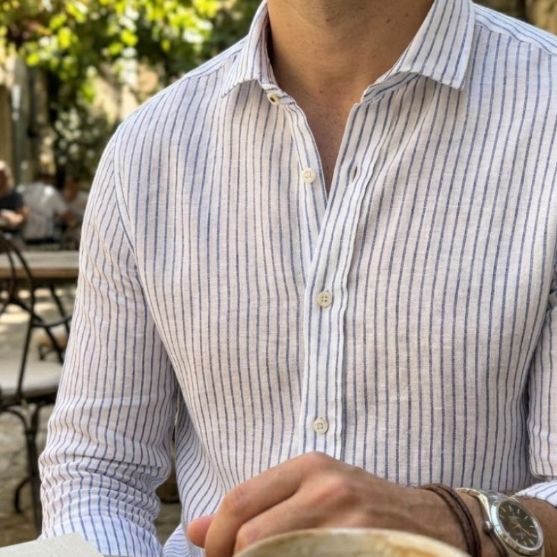 Camisa Masculina Listrada Puro Linho Social Manga Longa Opus