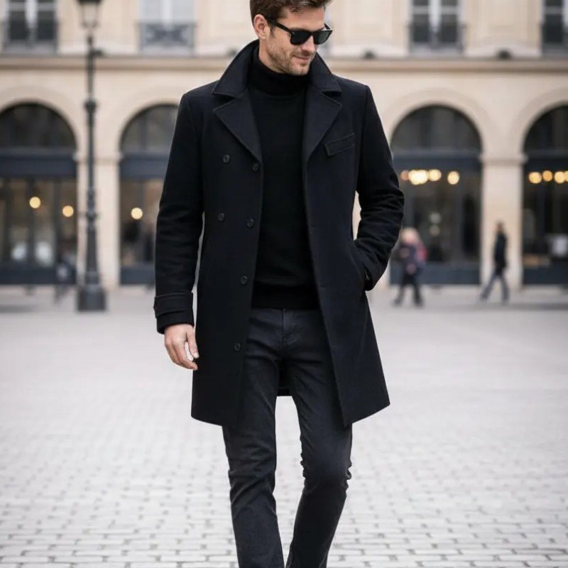 Sobretudo Masculino Elegante Gabardine Duplo Longo