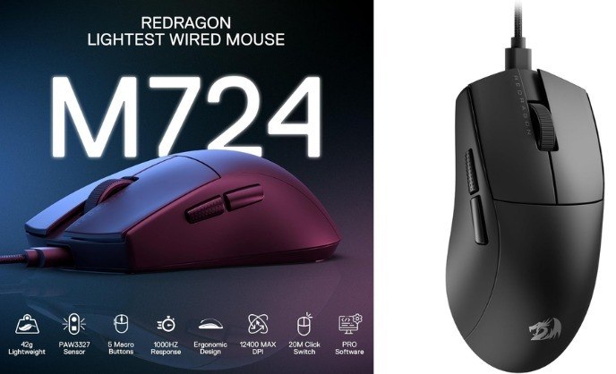 Mouse Gamer Redragon K1ng 1K Preto PAW3327 Cabo USB Tipo-C Removível 12400 DPI M724