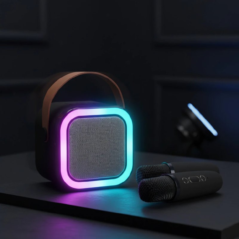Karaokê Portátil Bluetooth com Duplo Microfone Sem Fio Caixa de Som LED