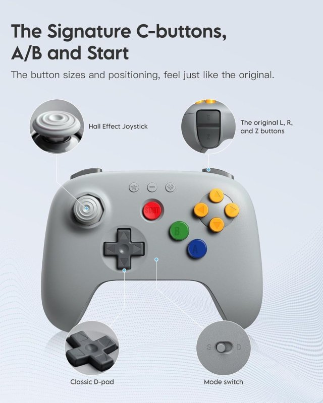 8Bitdo 64 Bluetooth Controller for Analogue 3D, Switch, Switch 2, Windows, Android