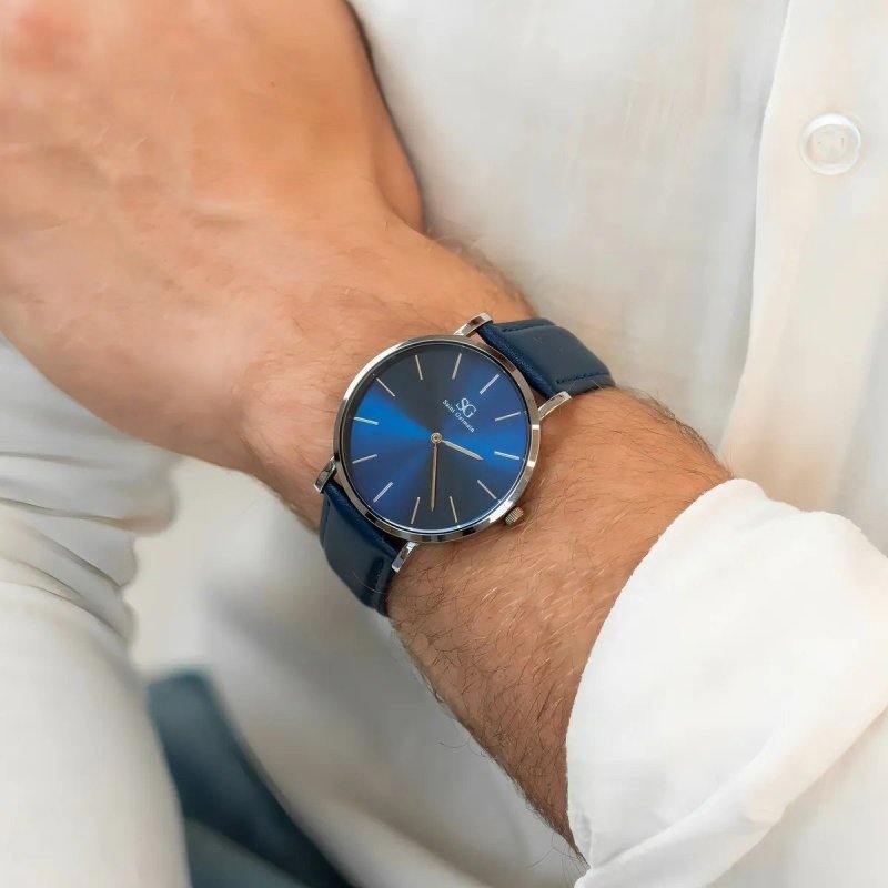 Relógio Masculino Saint Germain Prateado Azul Pulseira De Couro Riverdale 40mm