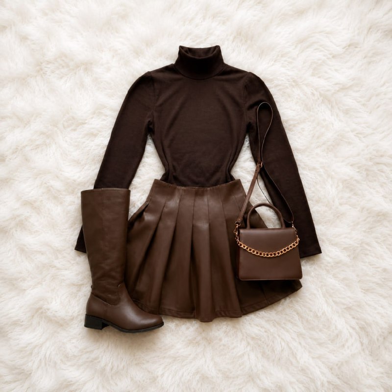 Conjunto Body Gola Alta Marrom + Saia Couro Plissada