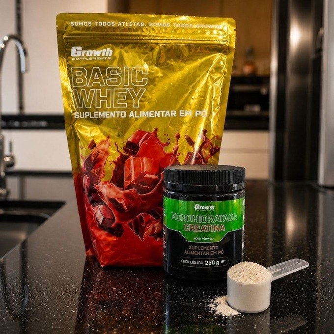 Kit Growth: Whey Protein Basic Chocolate 1kg + Creatina Monohidratada 250g + Frete Grátis