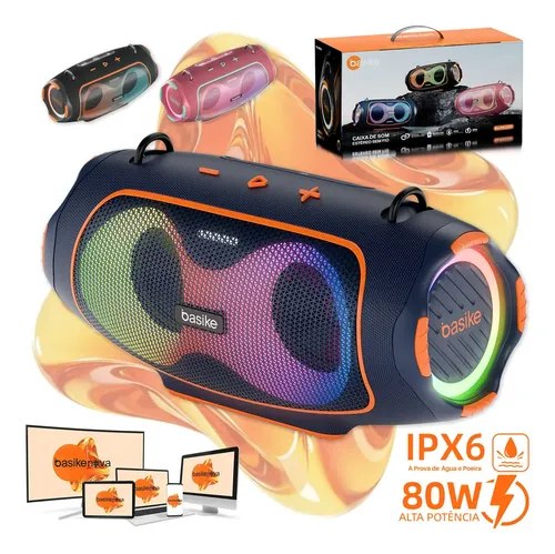 Caixa de Som Portátil Basike Ba-RAD295 Bluetooth 80W com Grave Potente, Led RGB e IPX6