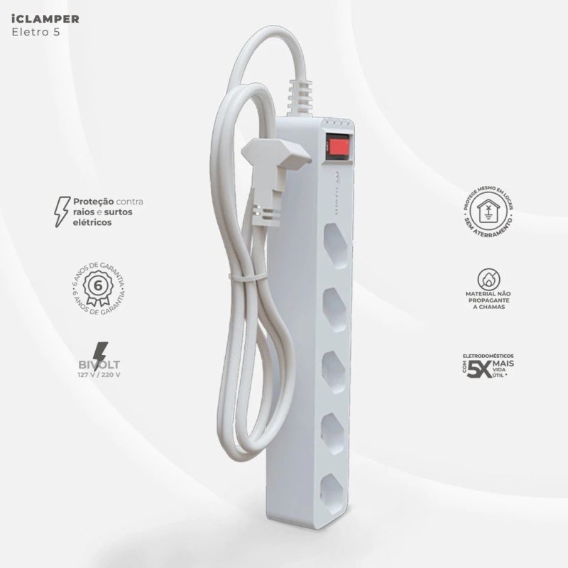 iCLAMPER Eletro 5 Filtro de linha com DPS Bivolt 10A Branco
