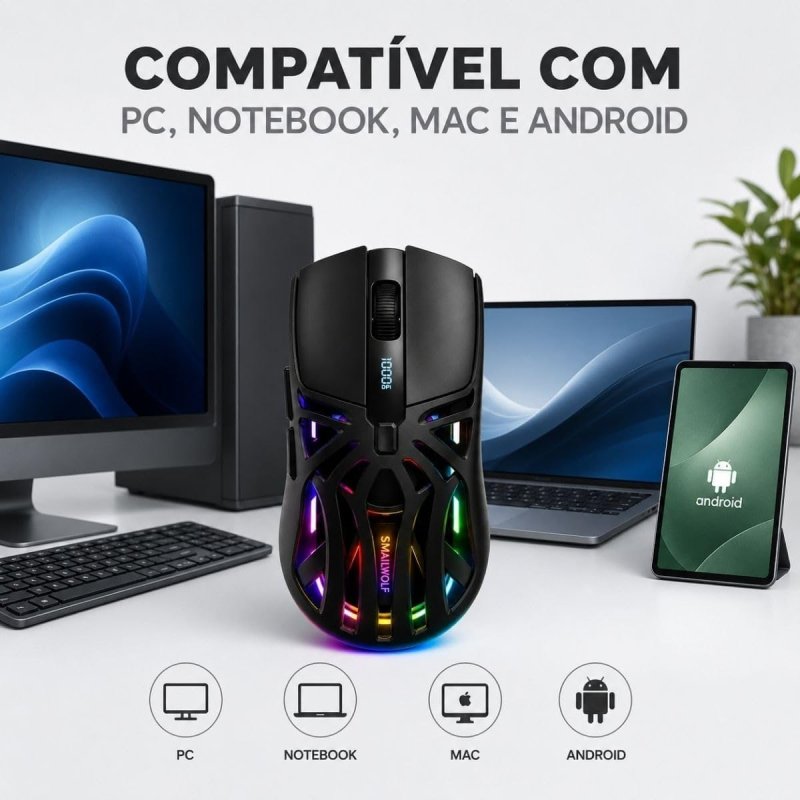 Mouse Gamer Sem Fio RS8 RGB Bluetooth 2.4G Recarregável
