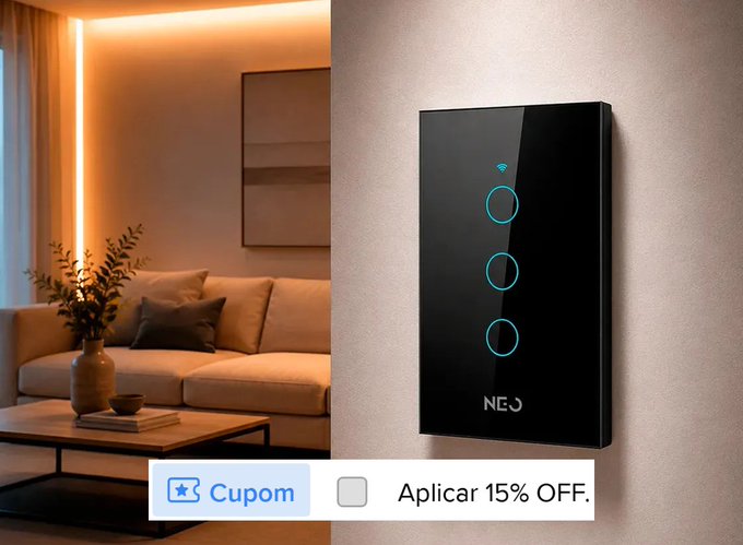 Interruptor Inteligente Wifi 4x2 Touch 3 Botões Alexa Google Cor Preto NEO by Avant + Frete Grátis