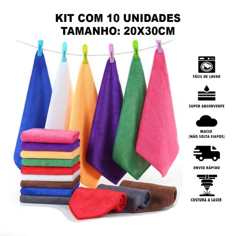 Kit 10 Panos de Microfibra 20x30cm para Limpeza Geral