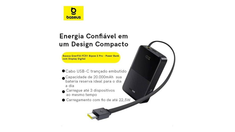 Power Bank Baseus Turbo Bipow2 Pro 20000mAh 22.5W Cor Preto