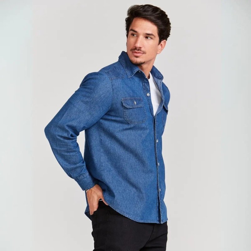 Camisa Jeans Manga Longa Slim