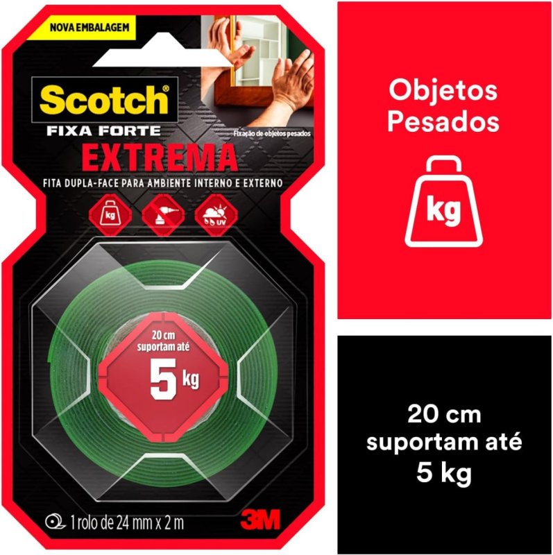 Fita Dupla Face Scotch 3M Fixa Forte Fixação Extrema 24mm x 2m