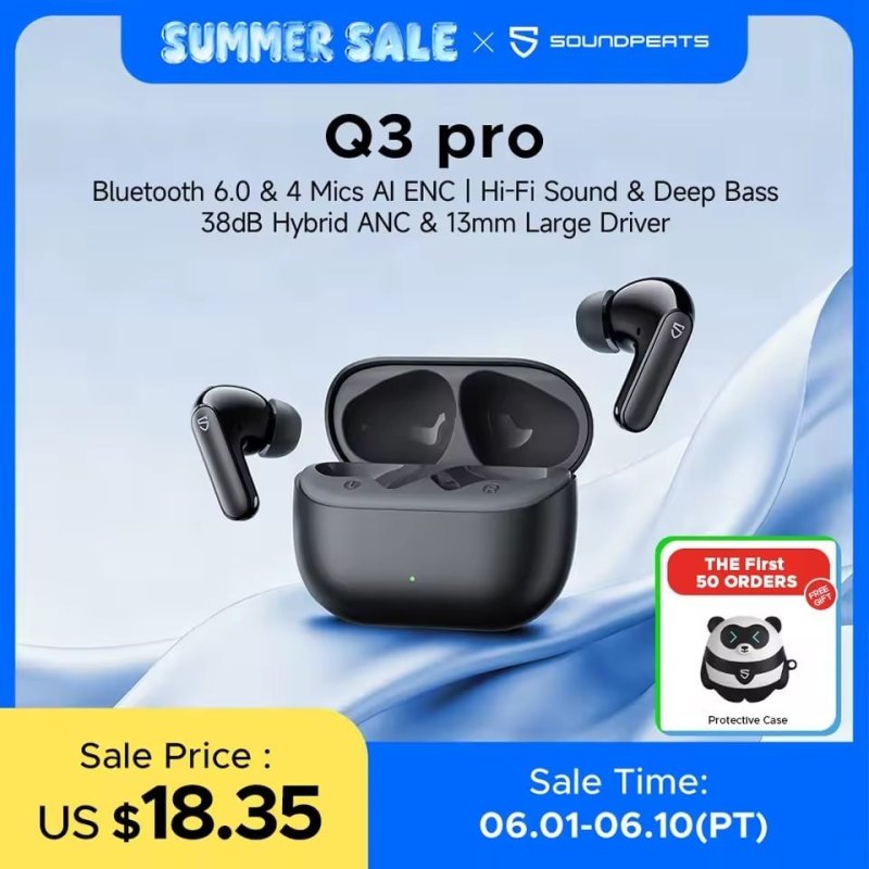SoundPEATS Q3 Pro Fone Bluetooth 6.0 ANC Cancelamento de Ruído 4 Microfones Driver 13mm Conexão Multiponto IP55