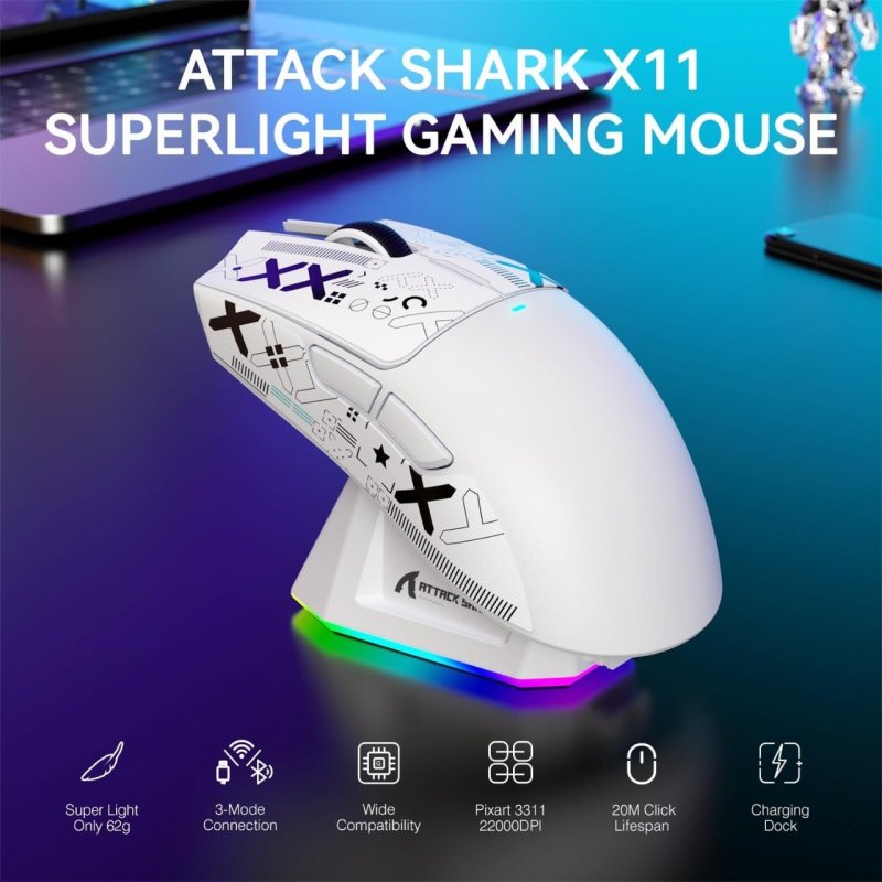Attack Shark X11 Mouse sem fio leve com RGB e conexão tri-modo