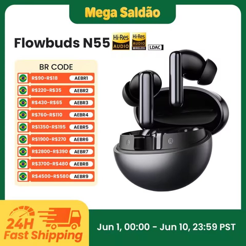 Haylou Flowbuds N55 Fone Bluetooth 6.0 com ANC Adaptativo e Áudio Hi-Res
