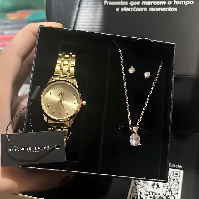 Kit Relógio Colar e Brincos Ponto de Luz Dourado e Prateado Feminino Luxo Saint Germain