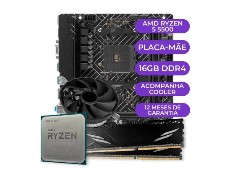 Kit Upgrade Gamer com Processador AMD Ryzen 5 5500, A520M e 16GB DDR4