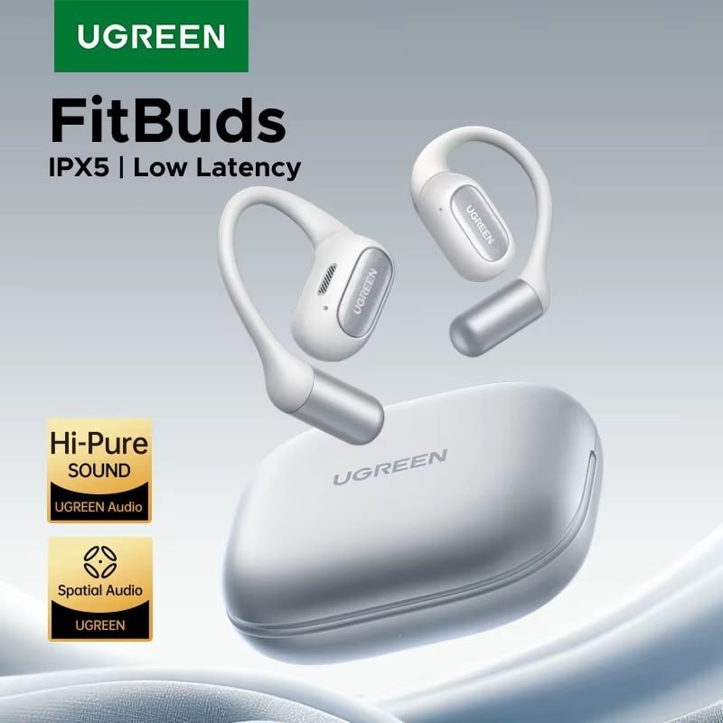 UGREEN FitBuds Open-Ear Bluetooth 6.0 TWS com Áudio Espacial, 30H de Bateria, 4 Microfones AI ENC e Design Ear-Hook Esportivo