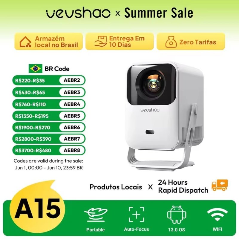 Projetor Vevshao A15 com Android 13 e 260 ANSI Lumens