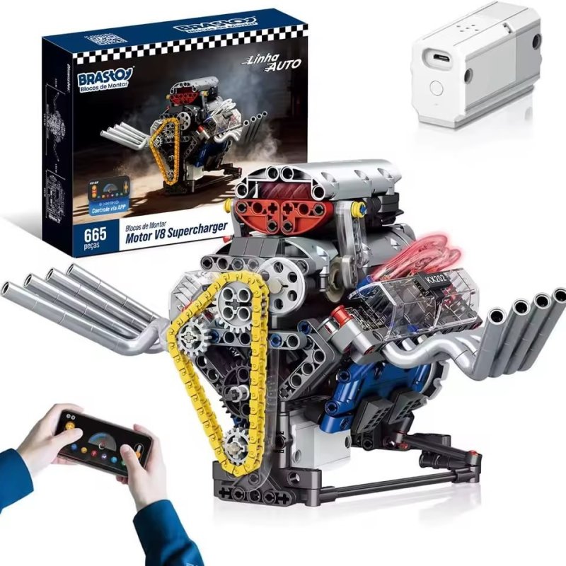 Kit Blocos de Montagem Motor V8 665 Peças, Modelo Mecânico Educativo, Engine Building Blocks, Brinquedo STEM para Crianças e Adultos