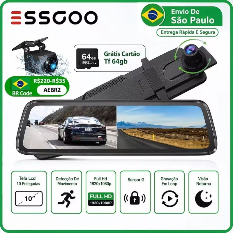 ESSGOO Retrovisor com câmera 1080p, Tela 10 Polegadas, Gravação 1080p, Visão Noturna + Câmera Traseira + Cartão SD Grátis