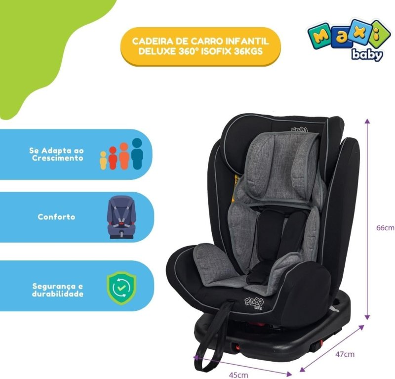 Maxi Baby Cadeira Carro 360° Isofix - Até 36kg - Cinza