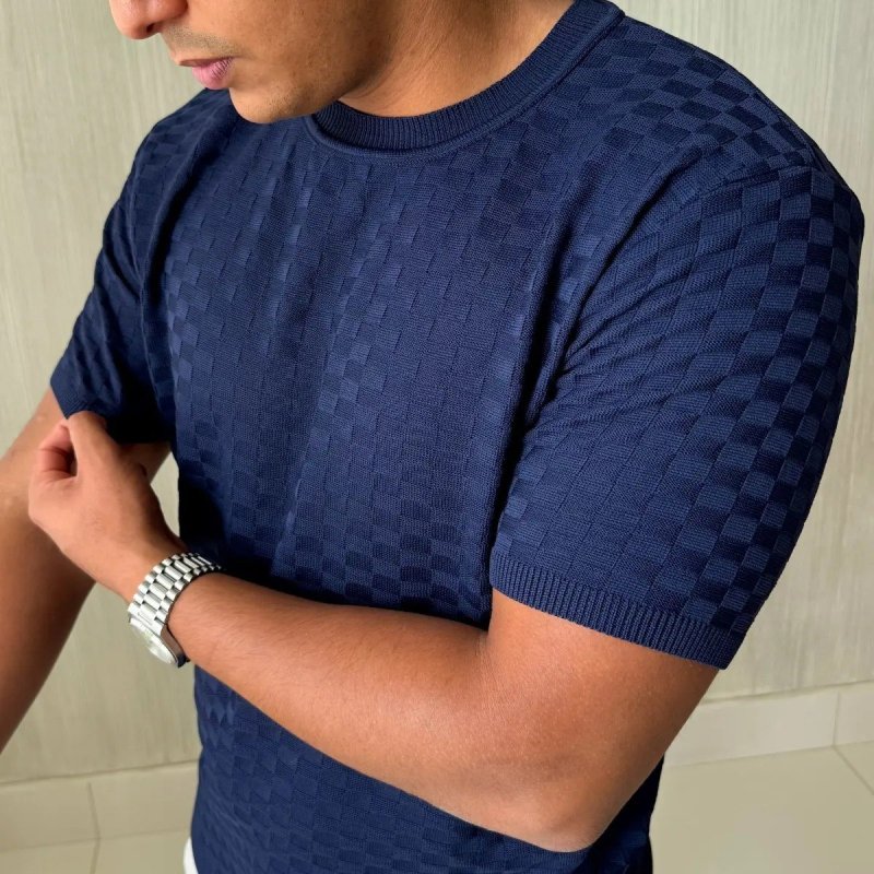Camiseta Masculina Manga Curta Xadrez Tricô Leve Elegante