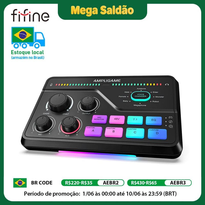Mixer de áudio Fifine USB SC8 com pré-amplificador de microfone XLR e modos de equalização
