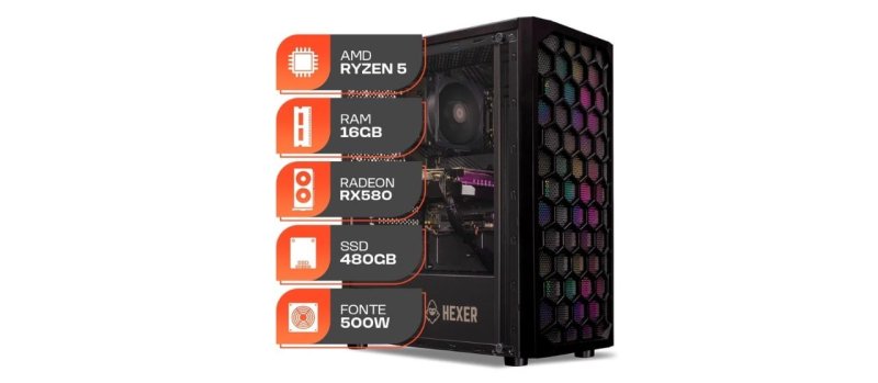PC Gamer Forge AMD Ryzen 5 5500 Radeon RX 580 8GB 16GB DDR4 SSD 480GB Fonte 500W 80 Plus