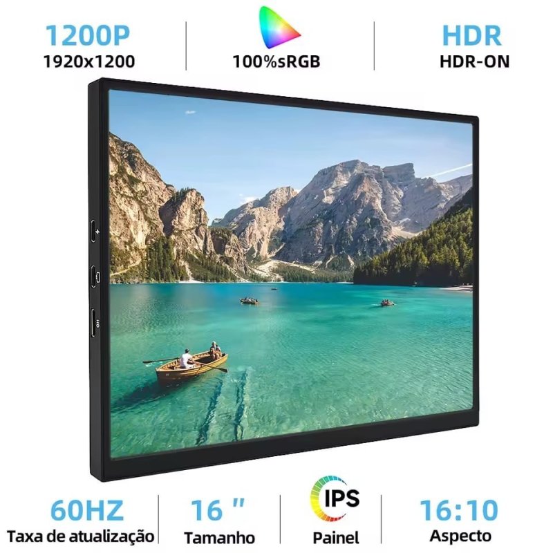 Monitor Portátil ZSUS 16" WUXGA 1920x1200 60Hz IPS, USB-C e HDMI