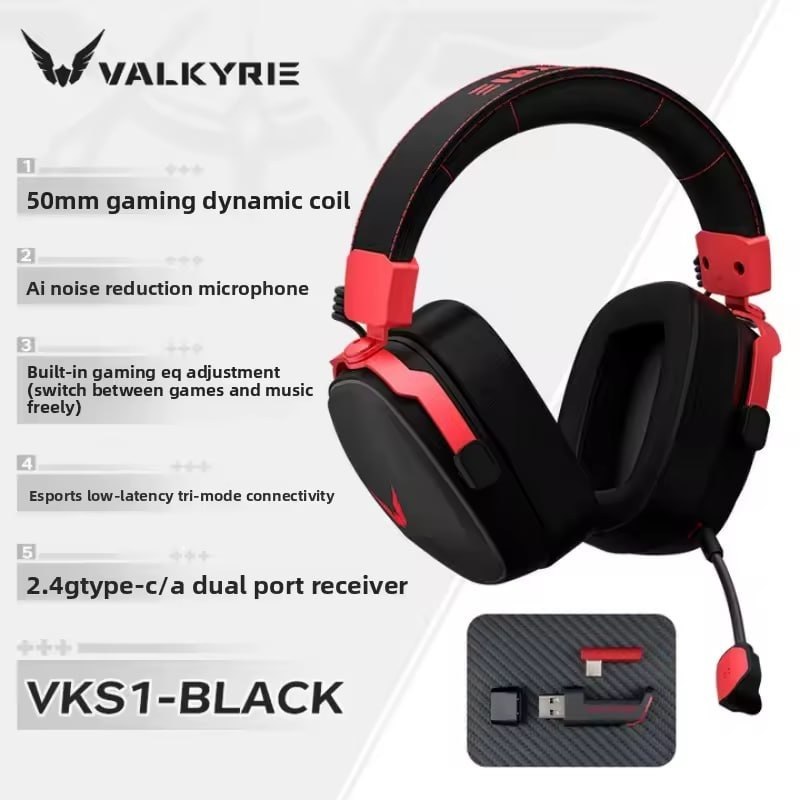 Headset Gamer Sem Fio VALKYRIE VK S1 Tri-Mode Bluetooth 5.3/2.4G P2 15ms RGB Microfone Removível