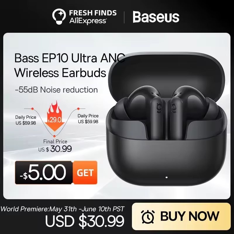 Baseus Bass EP10 Ultra Bluetooth 6.0 TWS com ANC e Áudio Espacial