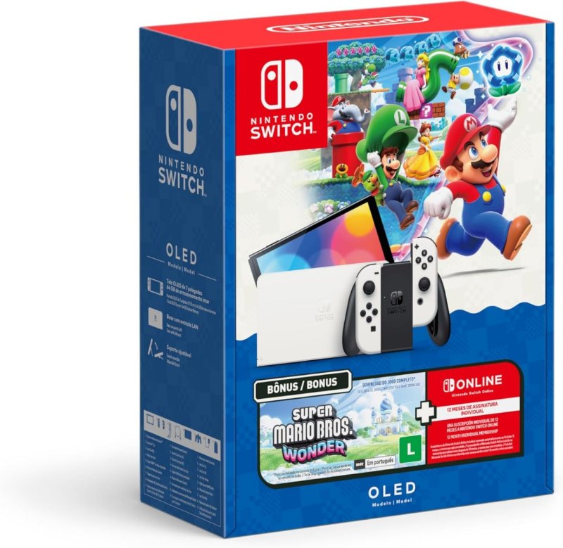 Nintendo Switch Oled com Super Mario Bros. Wonder e Assinatura Nintendo Switch Online
